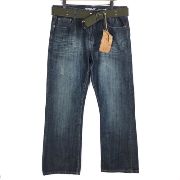 FLYPAPER Jeans Bootcut Distressed Dark Size 34 x 30 Short Inseam NWT Canvas Belt - Picture 1 of 9